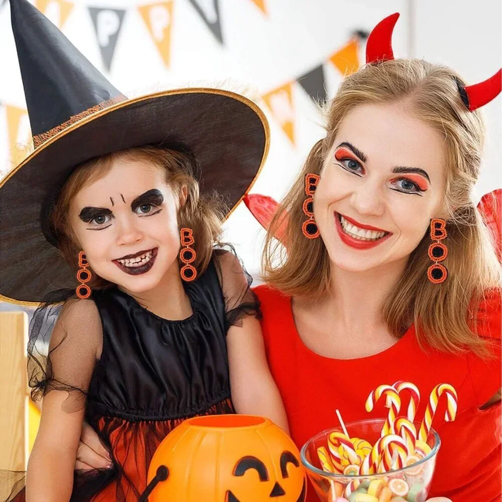 Women's Black&orange Halloween Beaded Boo Earrings Spooky Ghost Pumpkin Jeweller